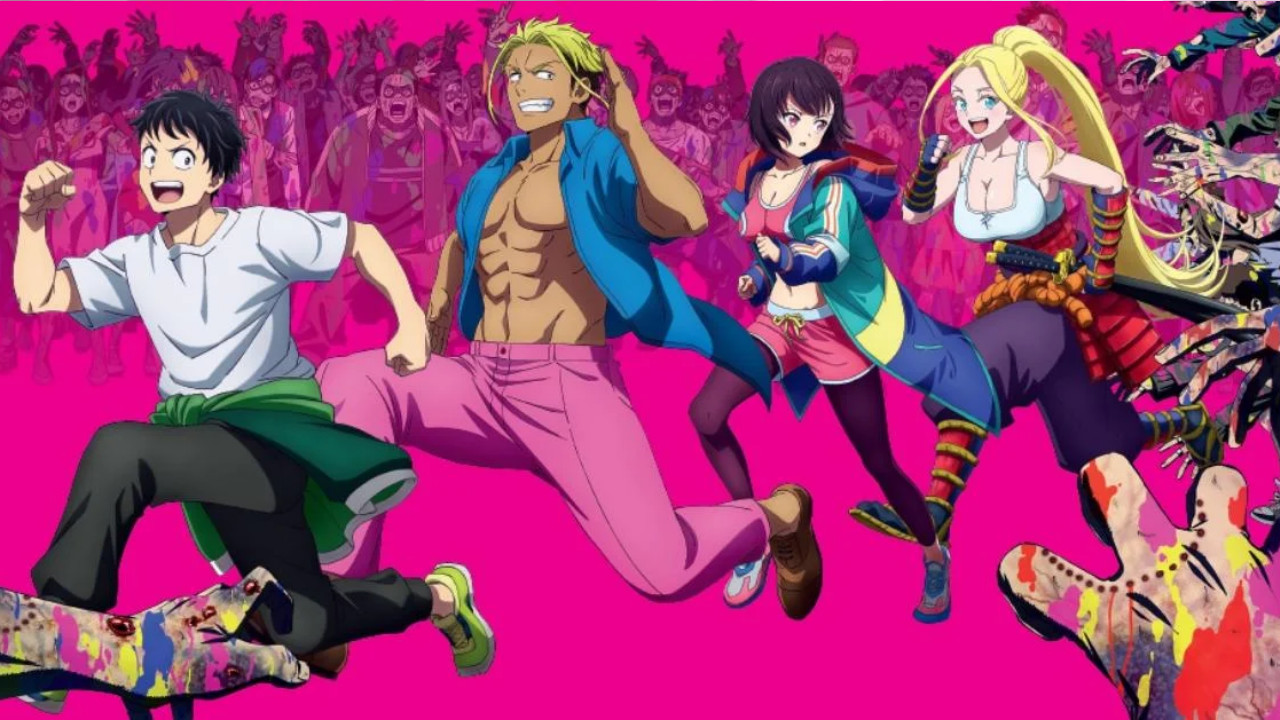 A group of young adults runs cheerfully away from a group of zombies.